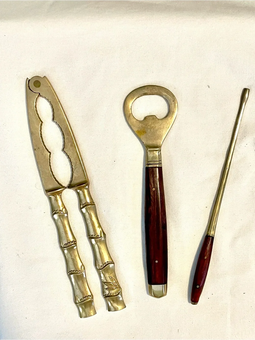 MCM~VNTG Japanese-3 Brass Bar Set Pieces ~ Opener/Cracker/Muddler -Brass & Teak